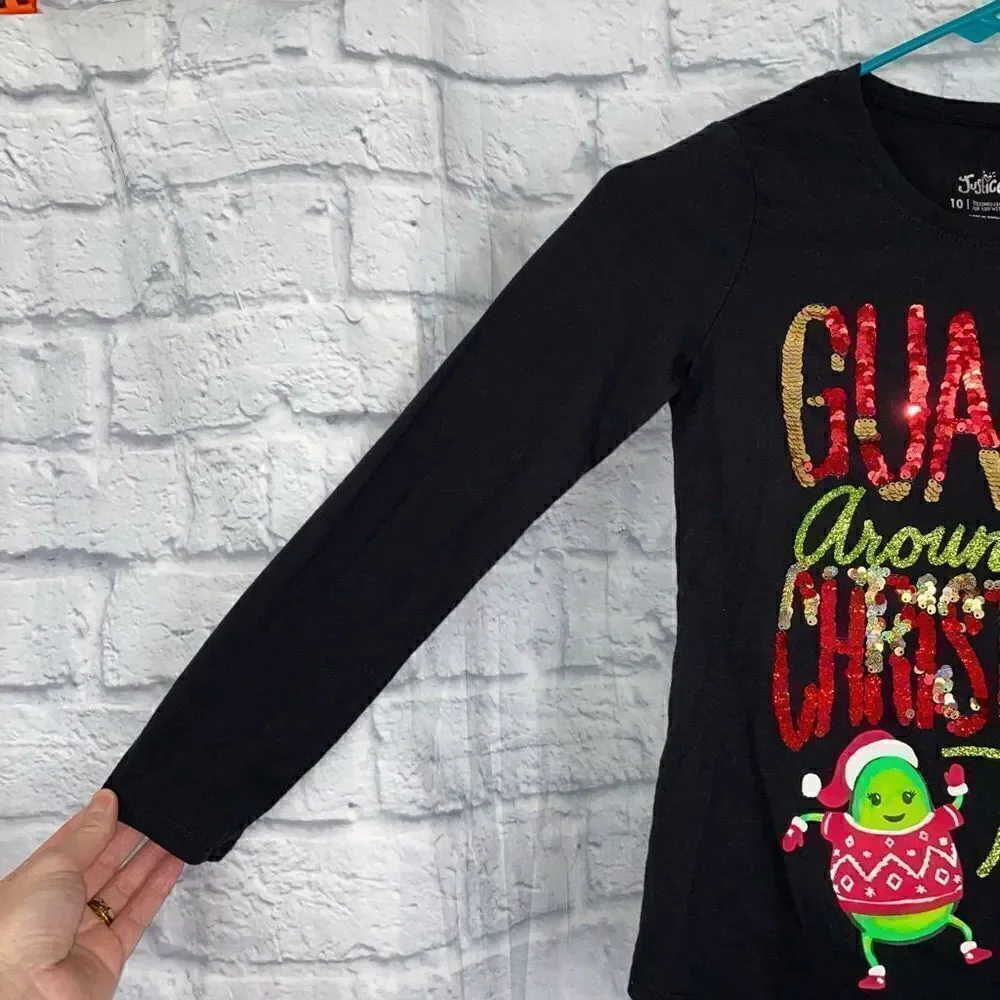 Justice changing sequins and glitter Longsleeve avocado Christmas shirt sz 10 gi